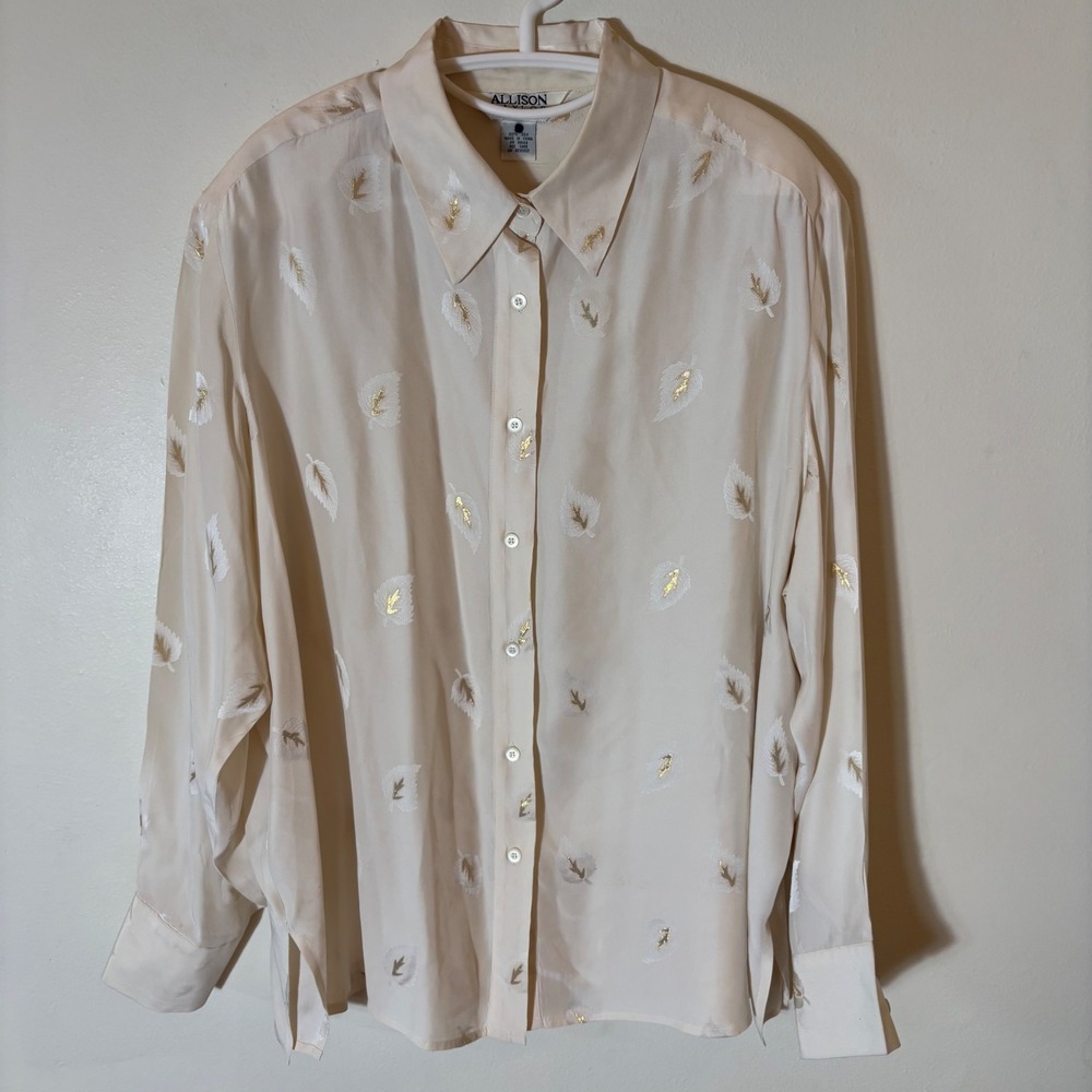 Vintage Allison Taylor Woman Silk Embroidered Leaf Button Front Blouse Size 2X